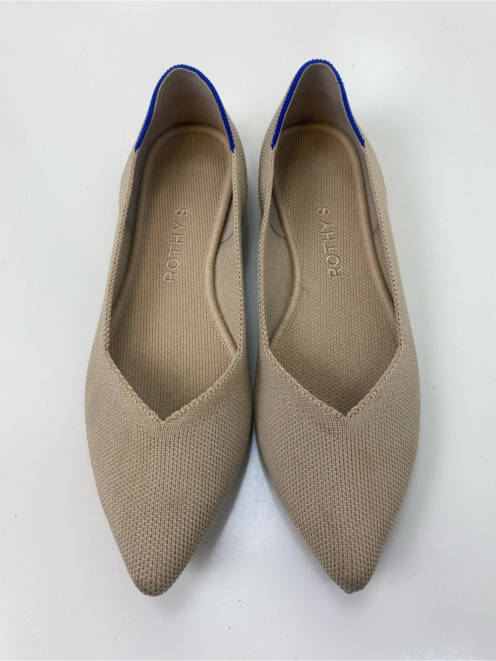 Rothy's Beige Pointed Knit Flats with Blue Heel Accent